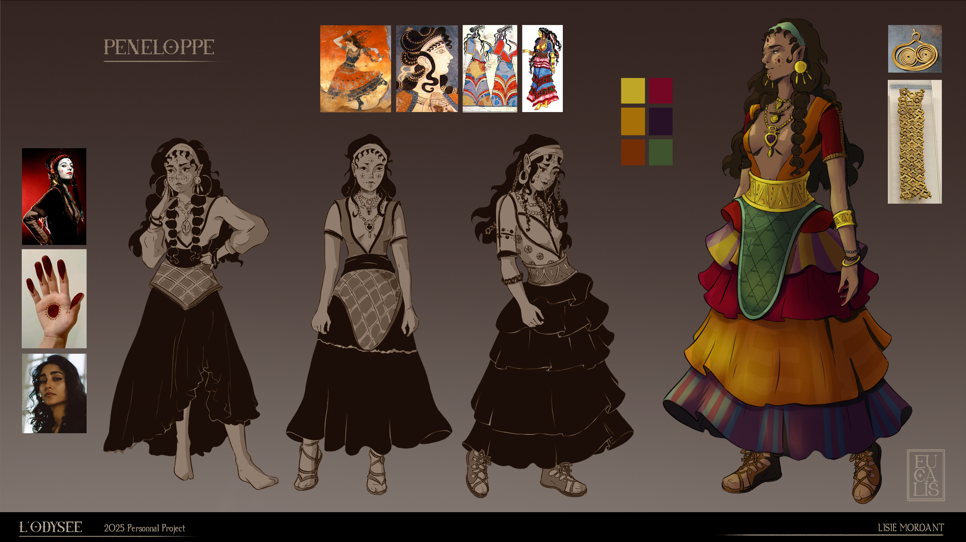 Research and sketches for a character inspired by Greek mythology, specifically Penelope